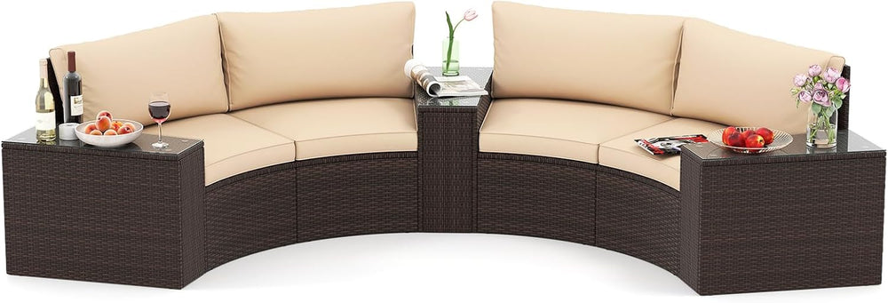 Tangkula 5 Pieces Patio Furniture Set, PE Rattan Half-Moon Curved Sectional S...
