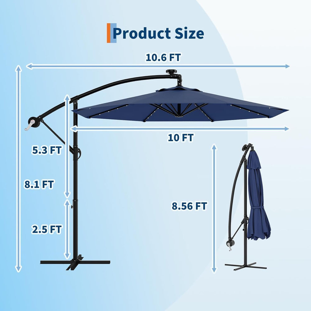 Garvee 10FT Solar Lights Offset Patio Umbrella with Cross Base, Navy Blue