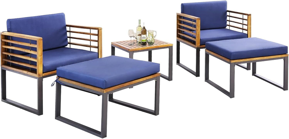 Tangkula 5 Pieces Acacia Wood Patio Furniture Set with Ottomans, Outdoor Conv...