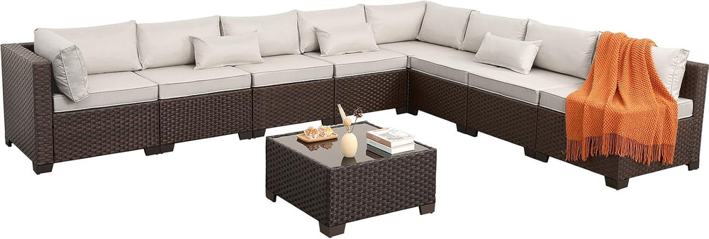 Rattaner 9 Pieces Outdoor Sectional All-Weather HDPE Brown Wicker Patio Furni...