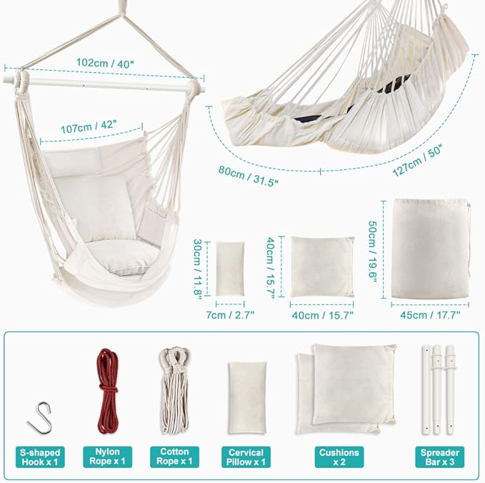 Outerman Hammock Chair, Hanging Chair with 3 Cushions and Foot Rest Support, ...