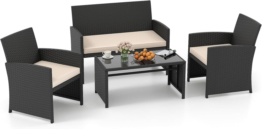 Tangkula 4 Pieces Patio Wicker Furniture Set, Outdoor Heavy Duty Rattan Cushi...