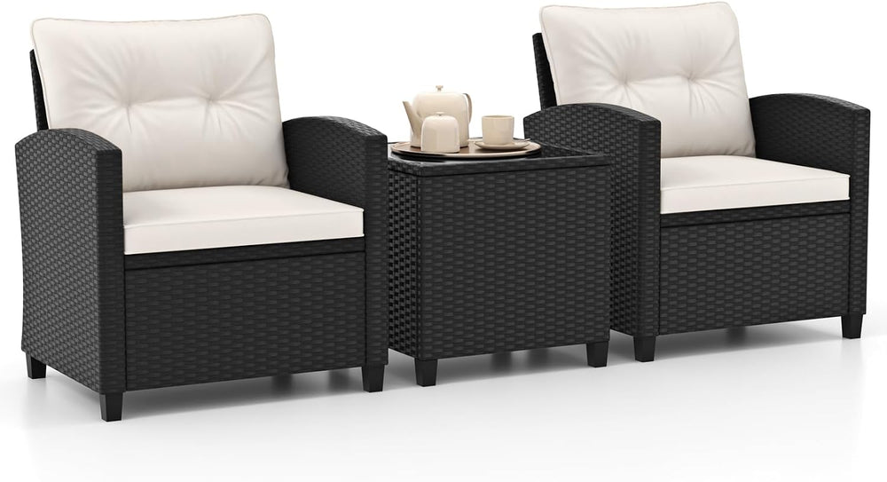 RELAX4LIFE 3-Piece Patio Furniture - Wicker Rattan Bistro Sofa Set w/Glass To...