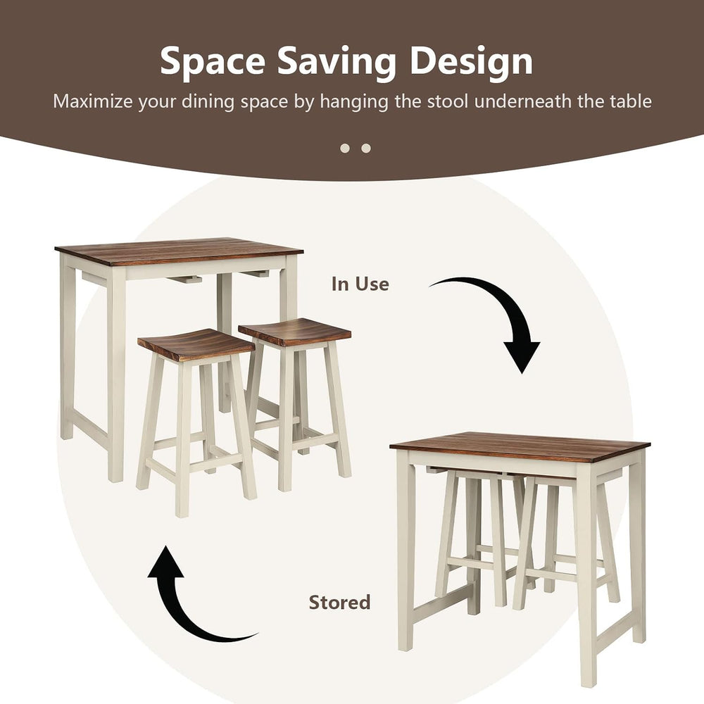 COSTWAY 3 Pieces Dining Set, Counter Height Pub Table with 2 Saddle Stools