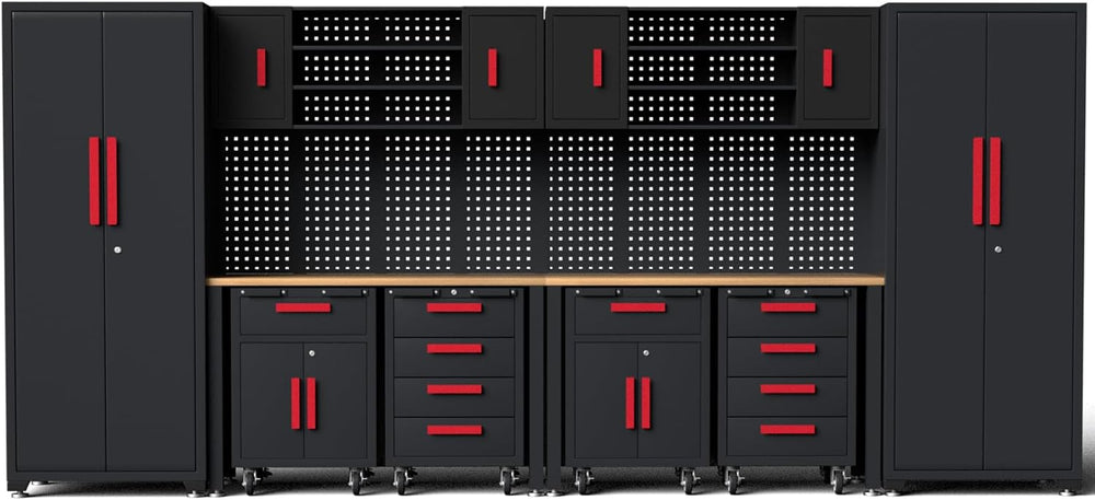 12-PC Heavy Duty Steel Garage Storage Cabinet System & Bench,Red