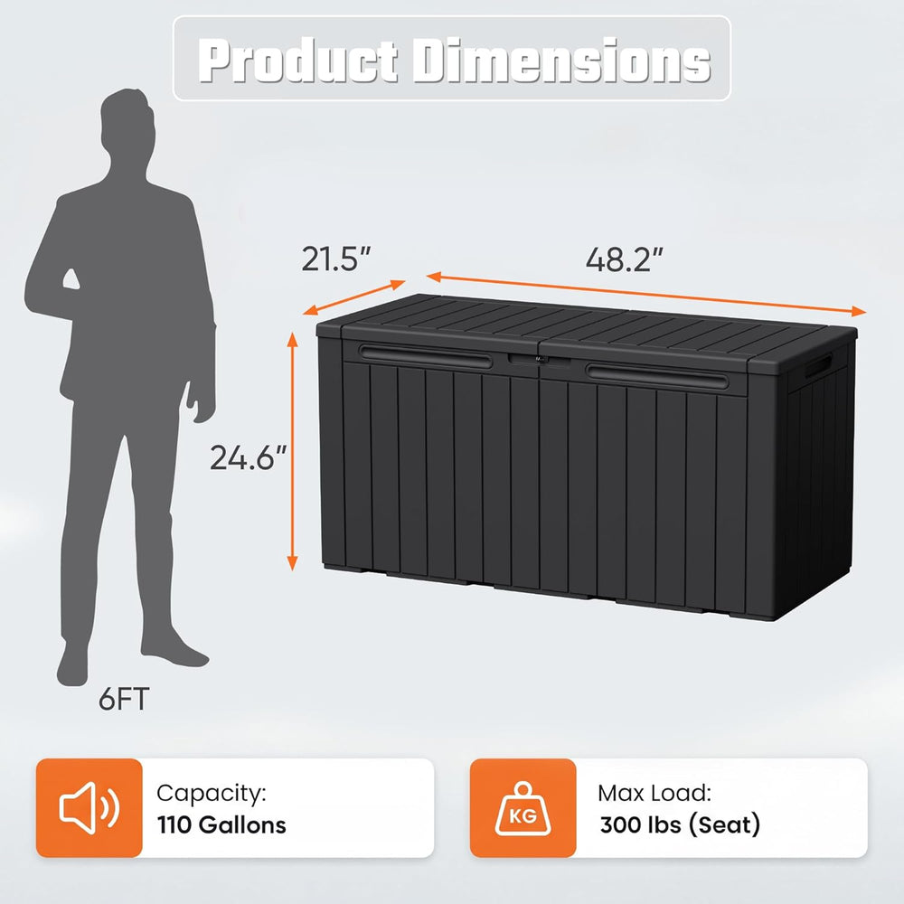 Greesum 110 Gallon Outdoor Storage Box with Lockable Lid, Dark Black