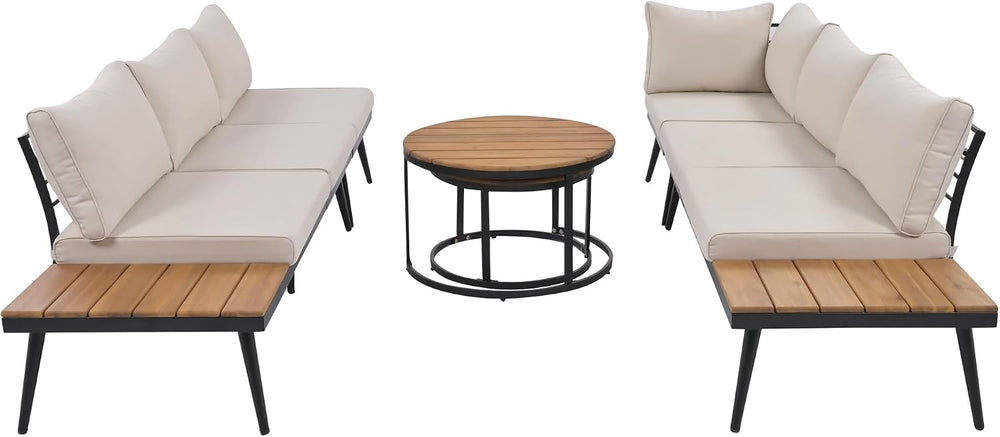 Modern Outdoor Sectional Sofa Set with Round Nesting Coffee Tables (Beige)
