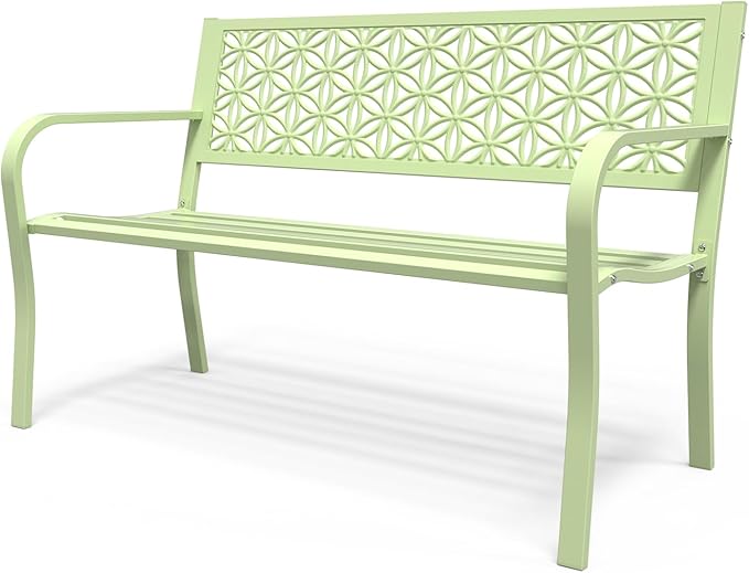 VINGLI 50" Outdoor Bench Metal with Floral Back, Garden Bench Front Porc...