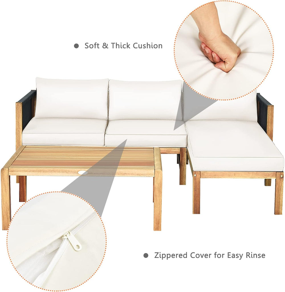 Tangkula L Shape Outdoor Furniture Set, 3 Piece Acacia Wood Patio Conversatio...