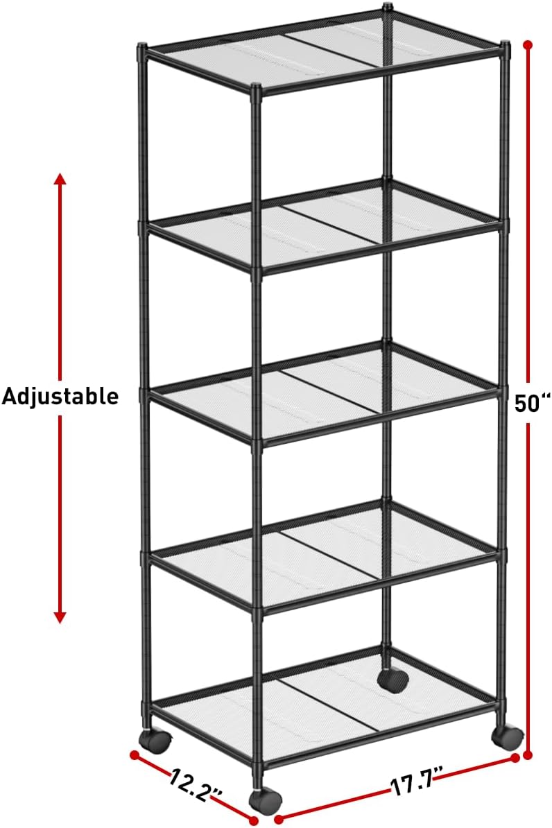 OVICAR Storage Shelf with Wheels - Adjustable 5 Tiers Mesh Wire Shelving Unit...