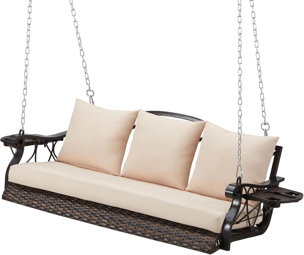 ZZW 3-Person Wicker Porch Swing Chair Heavy Duty 900 LBS Outdoor Rattan Patio...