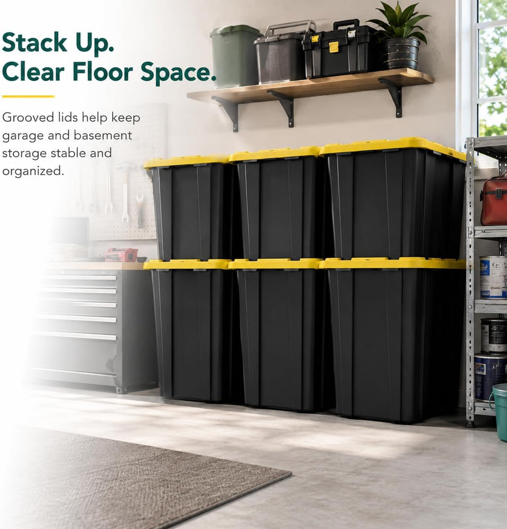 6-Pack 27Gal Stackable Storage Bins with Lids, Heavy Plastic, Black Yellow