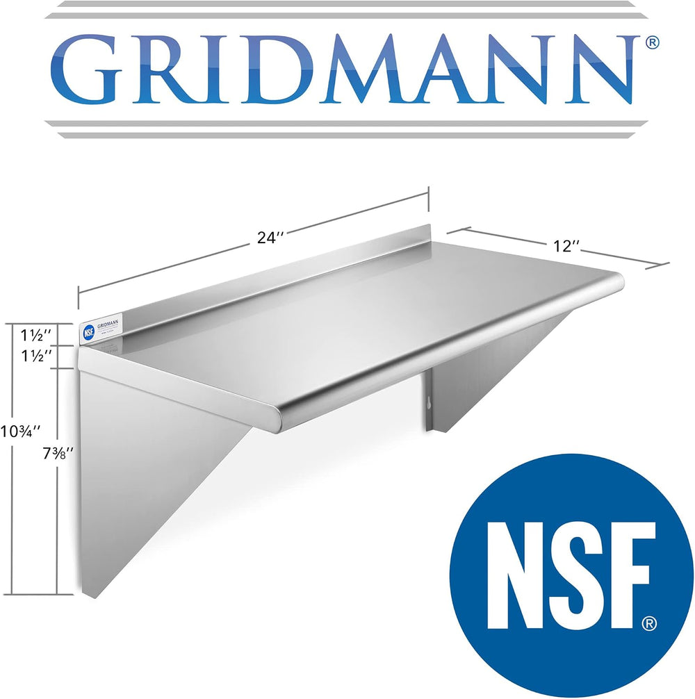 GRIDMANN 12" x 24" Stainless Steel Wall Mount Shelf with Backsplash...