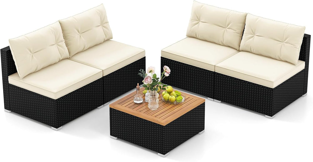 5 Pieces Patio Furniture Set, Outdoor Sectional Sofa with Acacia Wood Coffee ...