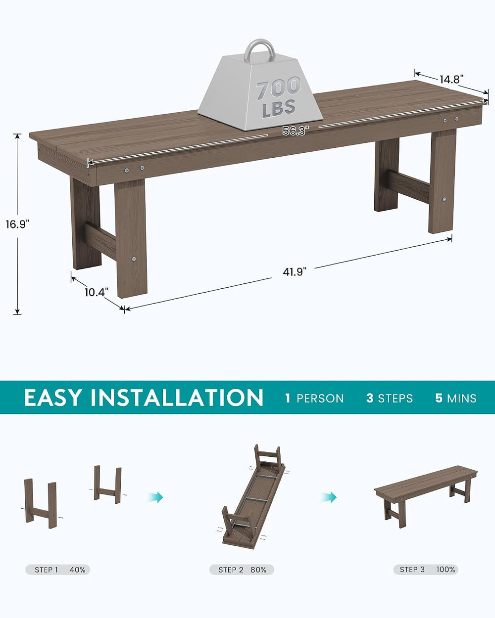 SERWALL 2-Person Backless Outdoor Bench 56 Inches, Coffee, 2 Pack