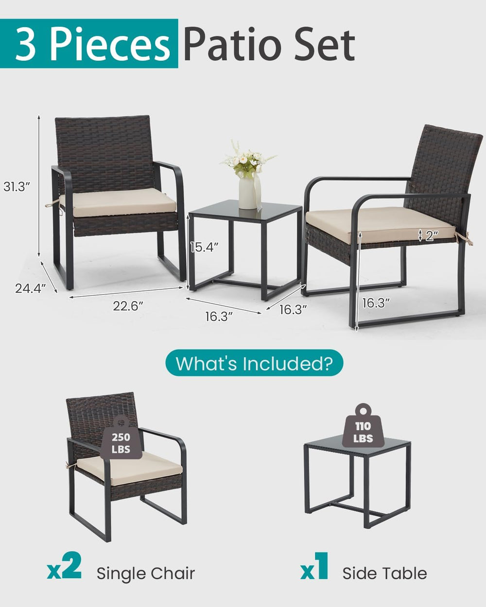 Bezseller 3-Piece Patio Furniture Set Outdoor Bistro Set with Round Arm