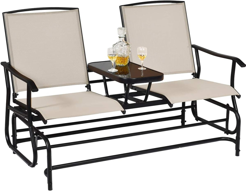 GIANTEX Patio Bench Glider Chair with Metal Frame, Center Tempered Glass Tabl...