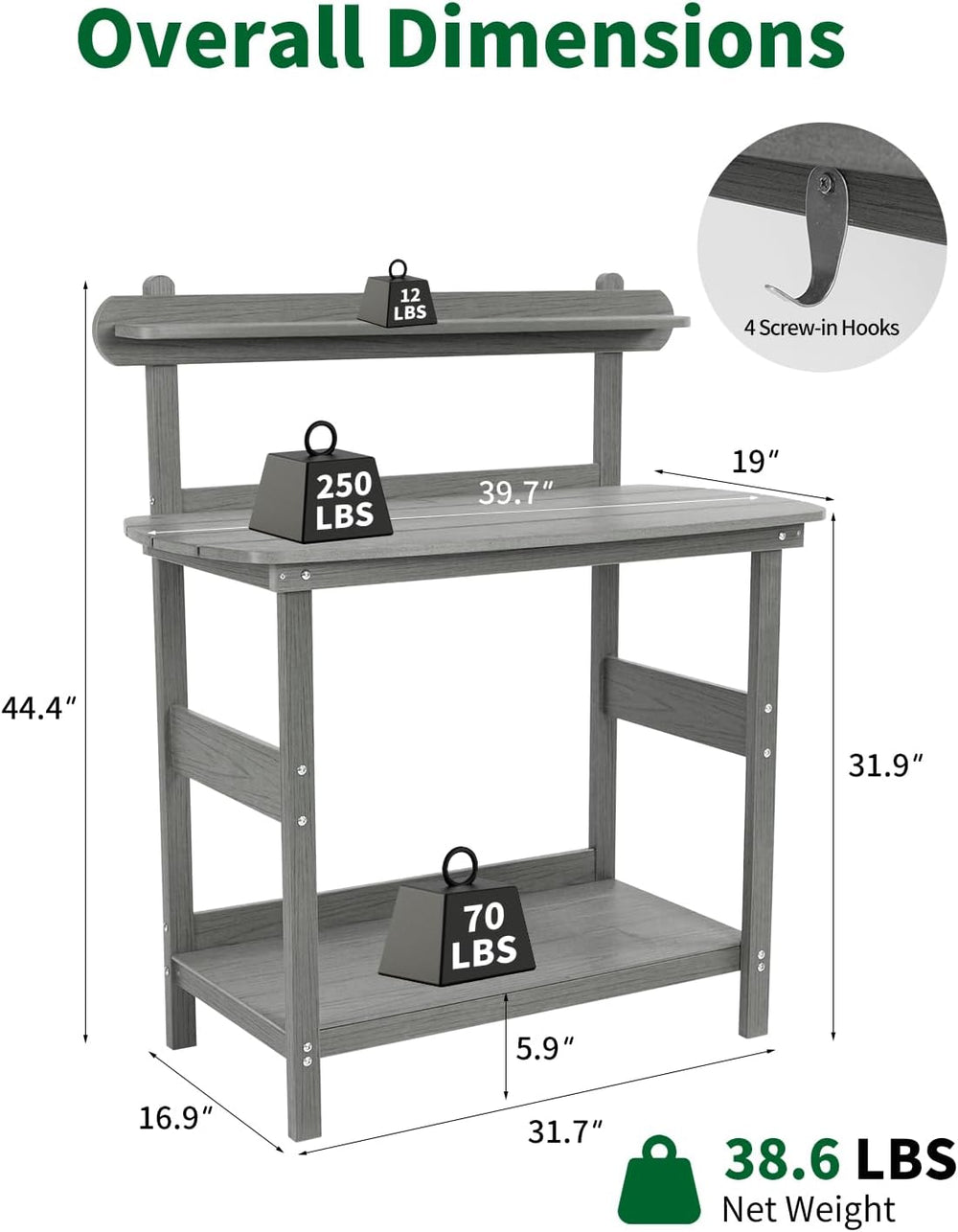 HIPS Outdoor Potting Table Bench with 3-Tier Storage Gray