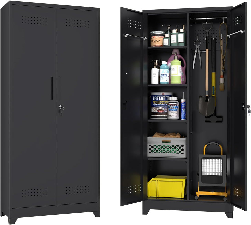 72" Tall Broom Closet Storage Cabinet, Metal Garage Storage Cabinet, Black