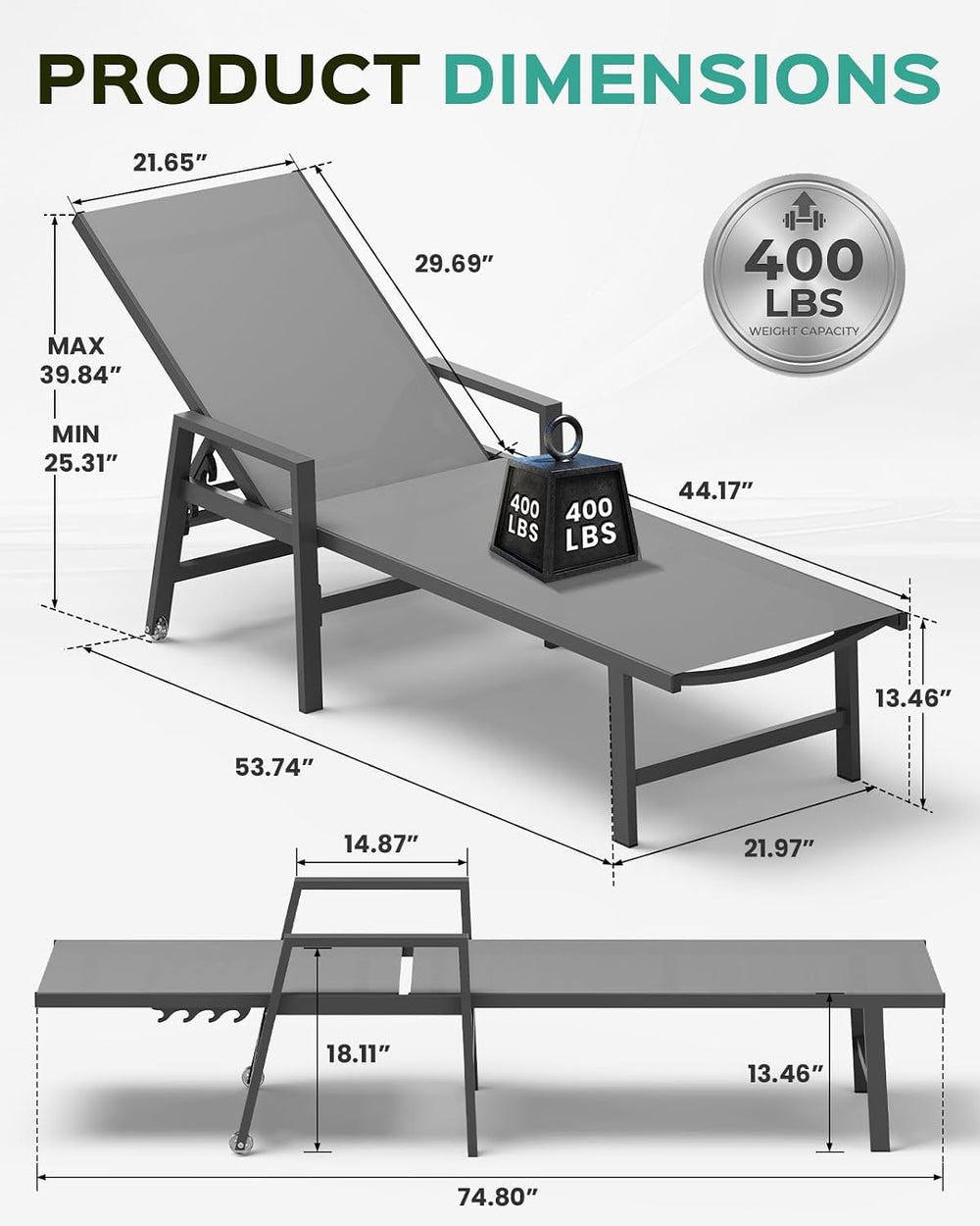 Vexwalx Patio Chaise Lounge Chair Outdoor with Wheels&Armrests, Aluminum ...