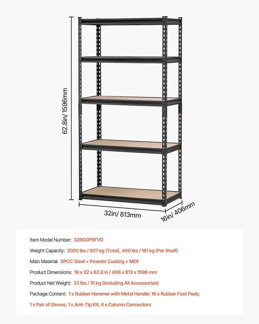 VEVOR Garage Shelving 5-Tier Adjustable Storage Shelf 2000 lbs 16"x32&qu...