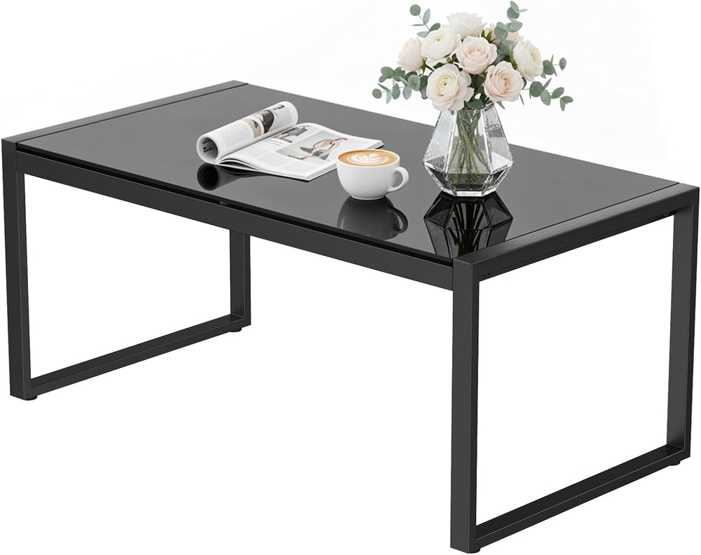 Rectangle Coffee Table with Tempered Glass Desktop, Black