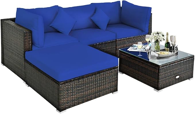 Tangkula 5 Pieces Patio Rattan Furniture Set, Outdoor Sectional Rattan Sofa S...