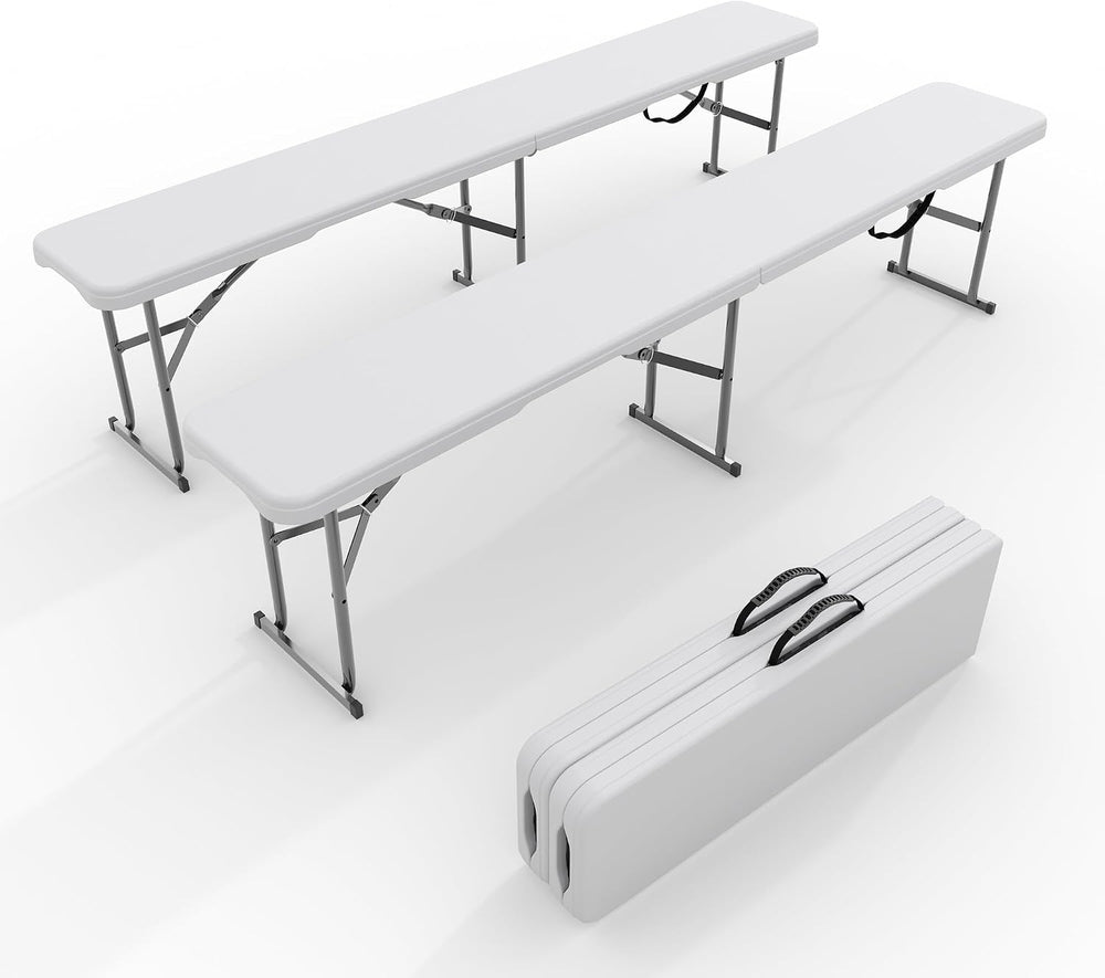Portable Folding Bench 6 Foot, Plastic Foldable Bench, 2 Pack, White