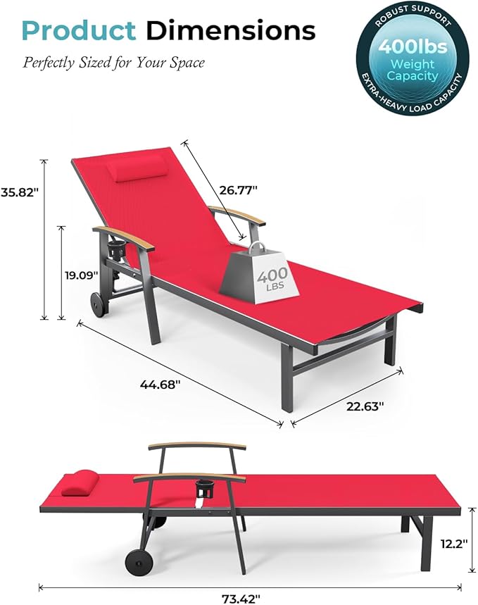 Ciokea Outdoor Lounge Chair with Pillow, 5-Position Aluminum Chaise Lounge wi...