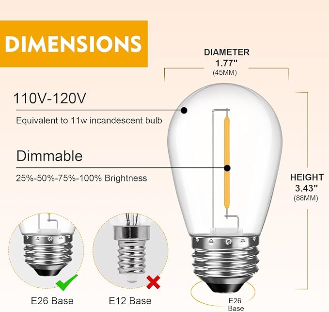 48 Pack LED S14 Replacement Light Bulbs, Shatterproof Outdoor 1 Watt to Repla...