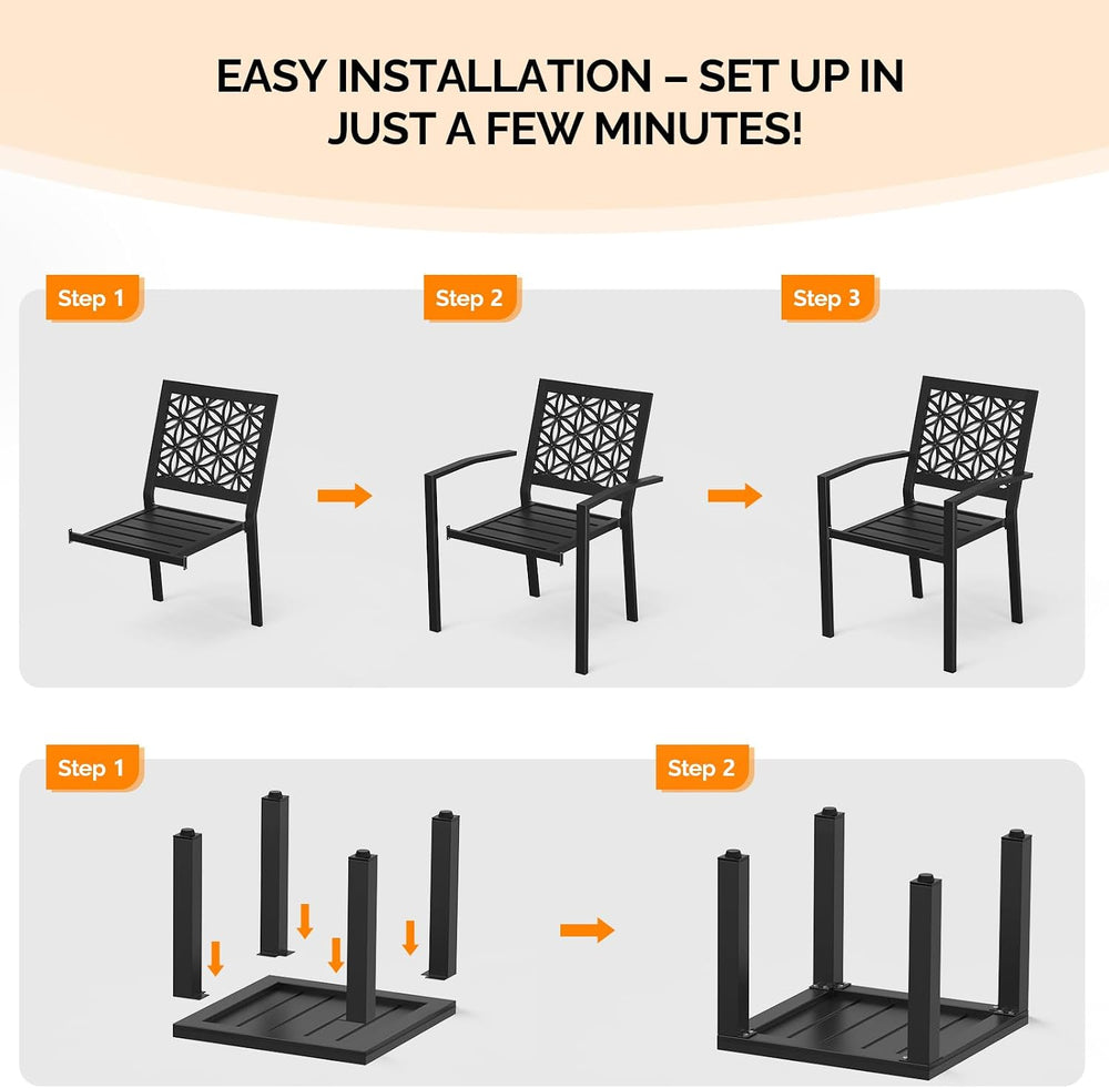 VINGLI 3-Piece Outdoor Bistro Set, Stackable Modern Metal Steel Table and Cha...