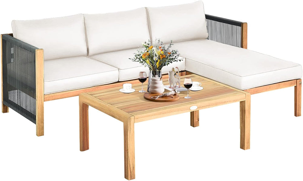 Tangkula L Shape Outdoor Furniture Set, 3 Piece Acacia Wood Patio Conversatio...