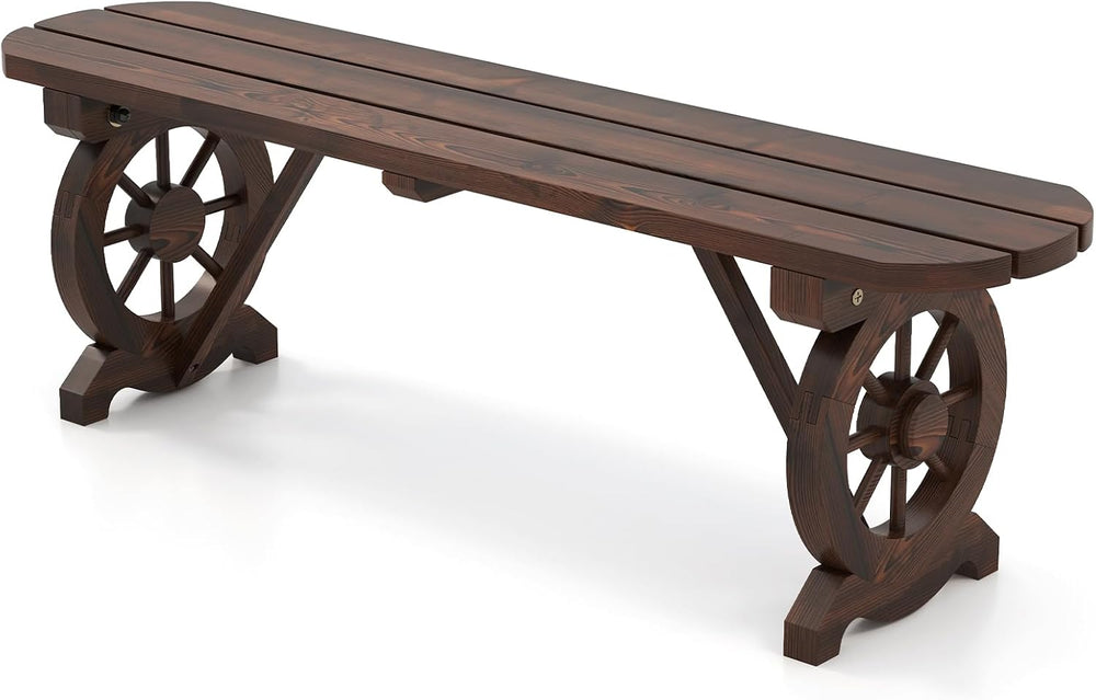 GIANTEX 2-Person Wooden Outdoor Bench with Wagon Wheel Legs, Slatted Seat, Ru...