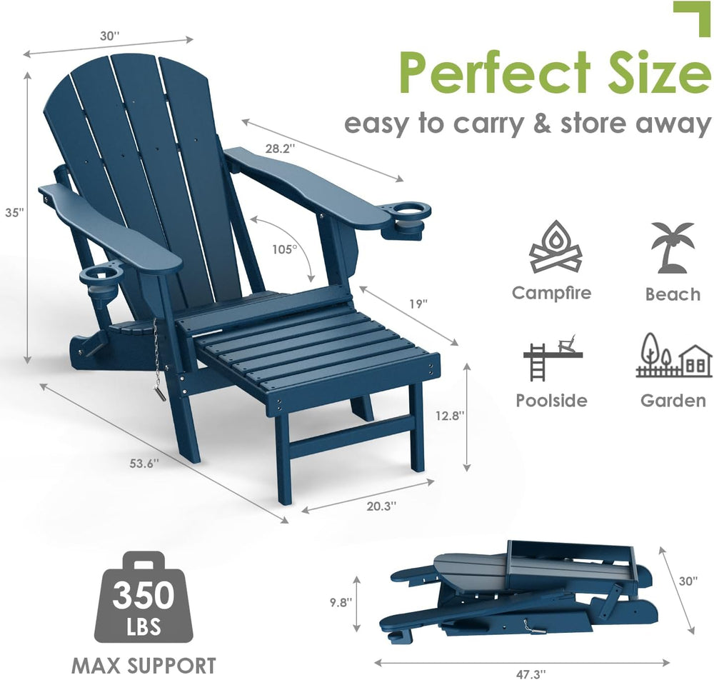 GREENVINES Folding Adirondack-Chairs-with-Ottoman Set of 2, HDPE, Blue