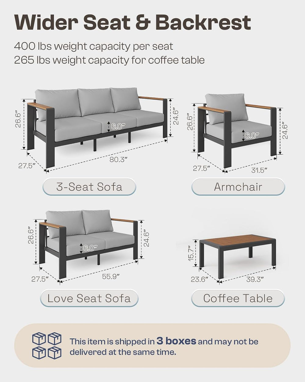 Aluminum Outdoor Patio Furniture, 3 Seats All-Weather Outdoor Patio Sofa with...