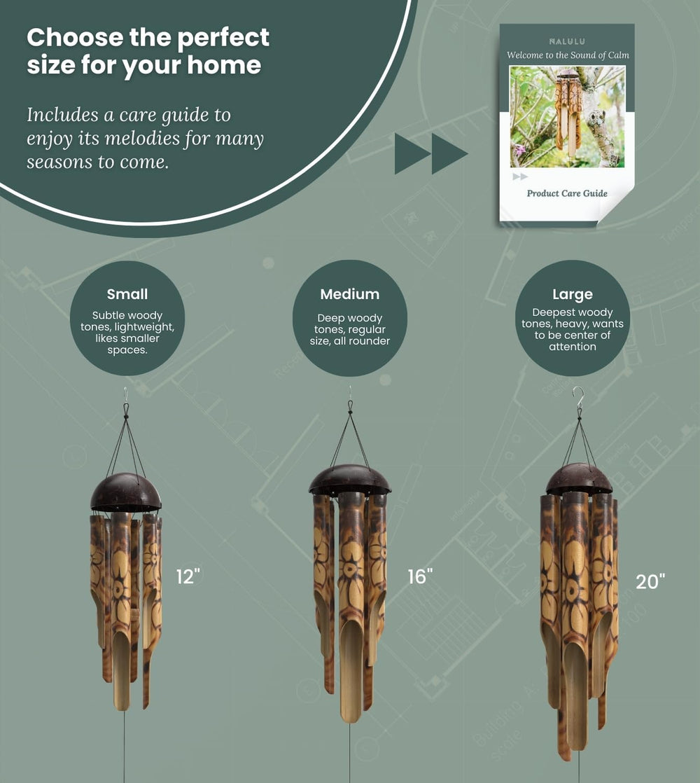 Nalulu Rustic Bamboo Wind Chimes - Outside Outdoor Wooden Windchimes, Medium,...