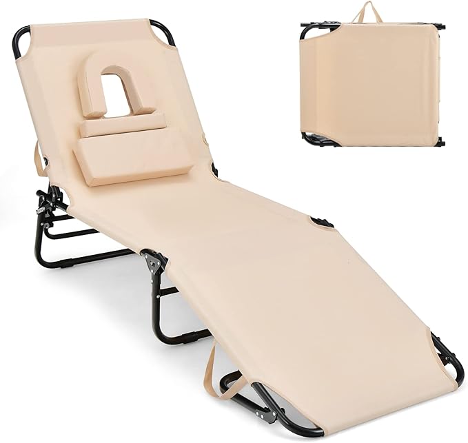 GYMAX Tanning Chair, 350lbs Beach Lounge Chair with Face Hole, Detachable Was...