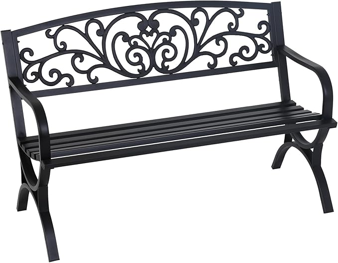 FDW Outdoor 50 Inches Garden Bench, Slatted Seat Armrests Floral Design Backr...