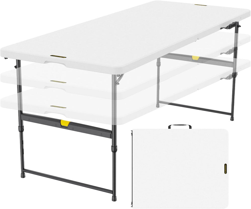 FanttikOutdoor Folding Table Plastic 6ft Quick Adjust 3-Height Picnic Party