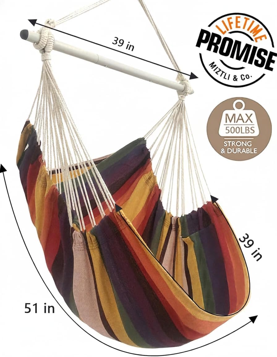 MIZTLI Hammock Chair Swing Indoor Outdoor 500 Lbs, Steel Bar & Anti-Slip