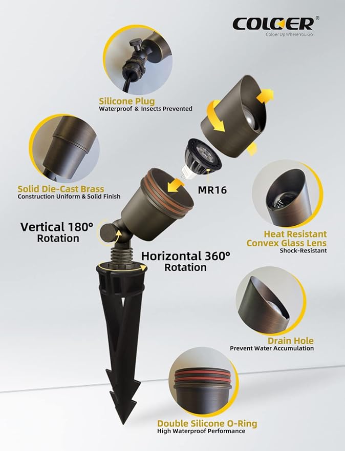 COLOER Die-cast Brass Low Voltage Spotlight 1-Pack with 5W Aluminum Housing M...