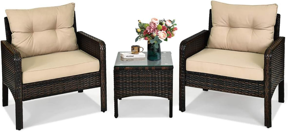 HAPPYGRILL 3 Pieces Patio Furniture Set, Outdoor Rattan Wicker Conversation S...