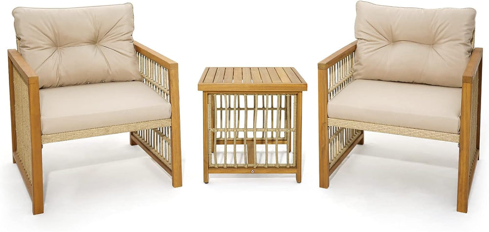 Tangkula 3 Pieces Acacia Wood Patio Furniture Set, PE Wicker Bistro Set with ...