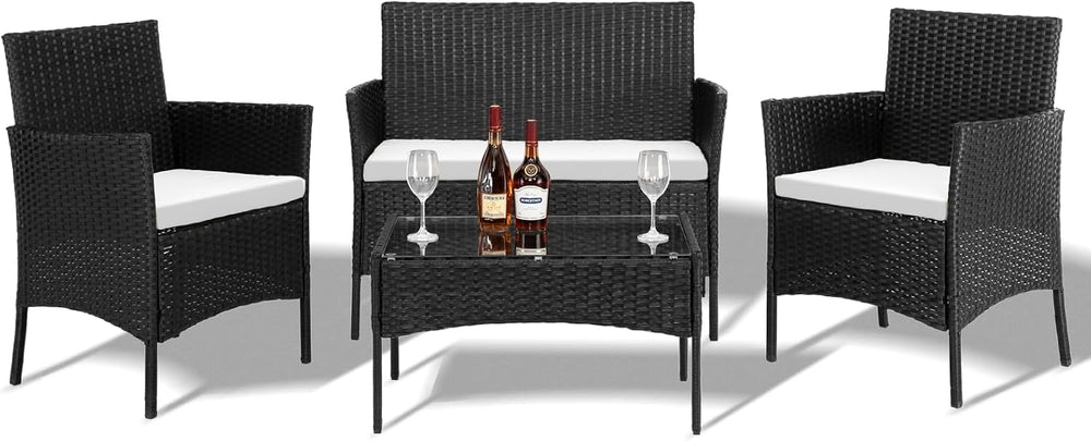 Outvita 4 Pieces Patio Furniture Set, Rattan Conversation Sets, Black
