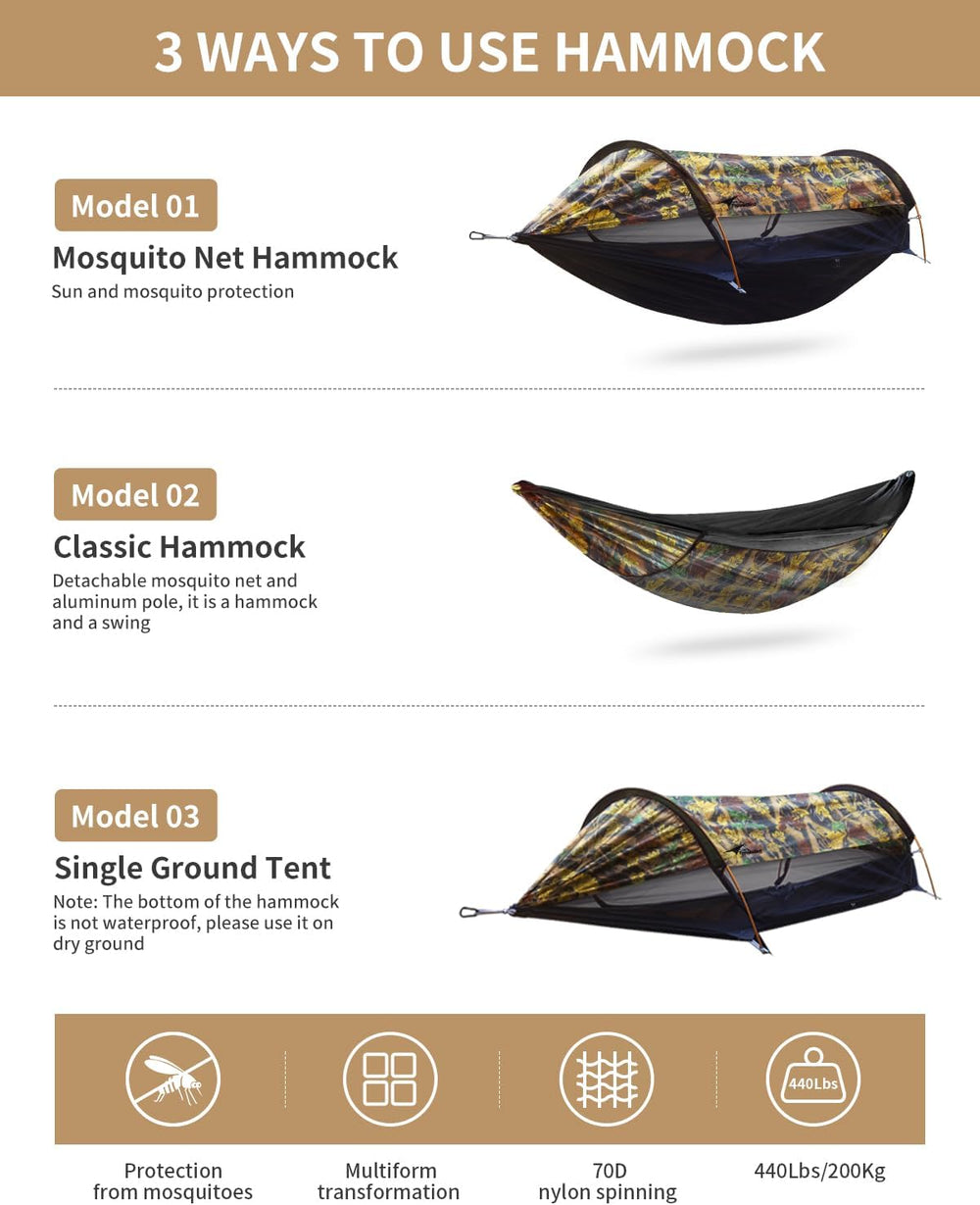 3-in-1 Camping Hammock Tent with Mosquito Net & UV Sunshade