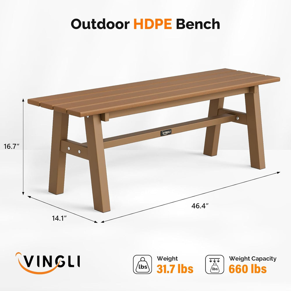 VINGLI 47” Outdoor Bench Garden Bench HDPE Porch Bench w/Metal Legs, Poly Lum...