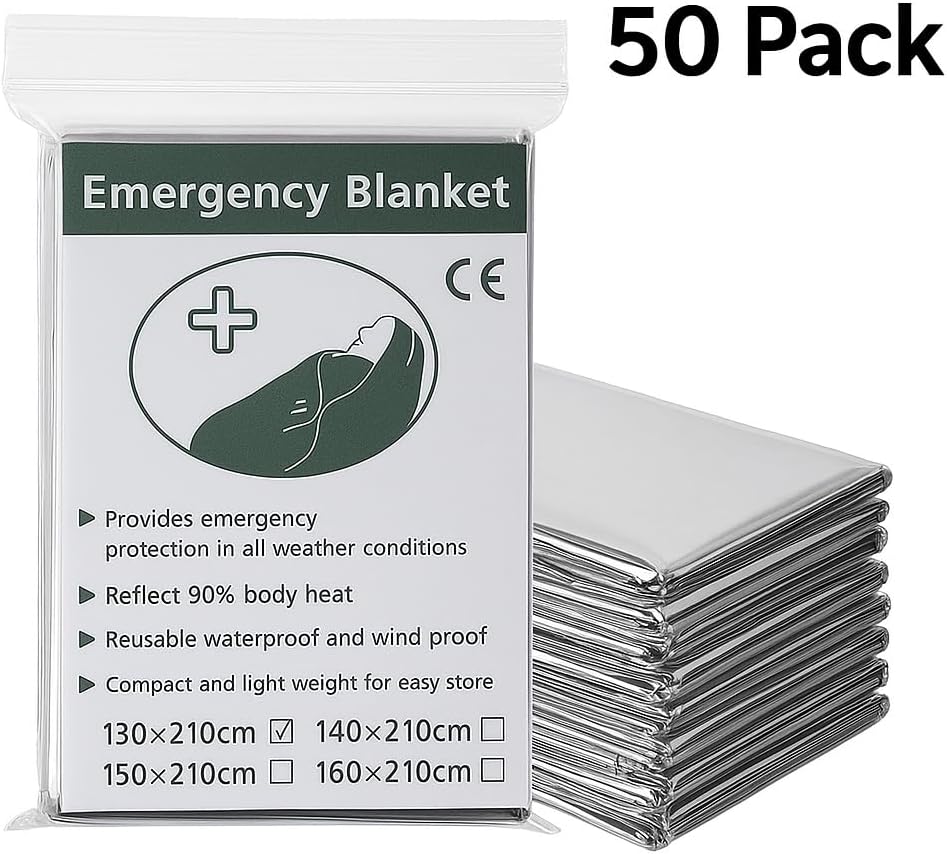 50 Pack Emergency Foil Blankets 51” x 83” – Thermal Mylar Survival Blankets I...
