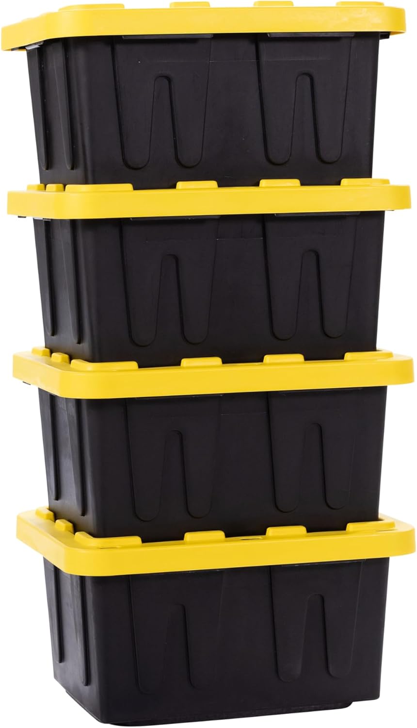 Plastic 5-Gallon Storage Tote with Lockable Lid, 4-Pack - Black/Yellow