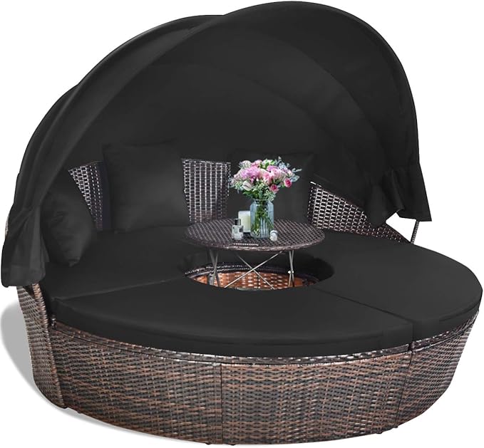 Tangkula Patio Round Daybed with Retractable Canopy, Outdoor Wicker Rattan Fu...