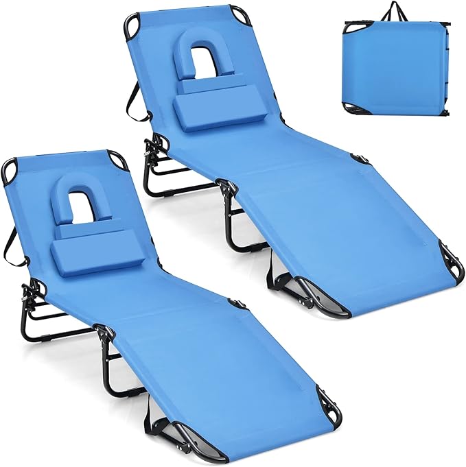 GYMAX Tanning Chair, 350lbs Beach Lounge Chair with Face Hole, Washable Pillo...